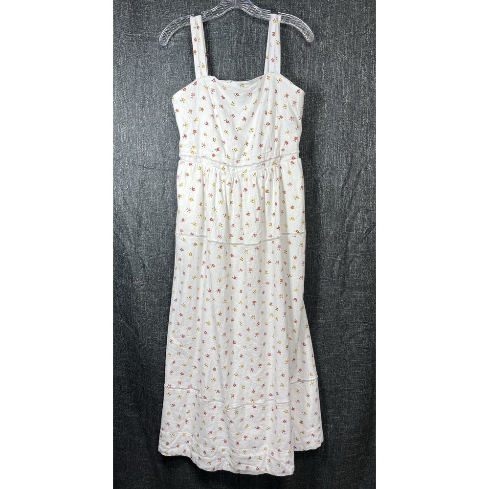 NWT LUCKY BRAND Sz M Dress Linen Blend Maxi Ditsy Floral Lace Trim Ivory Pink